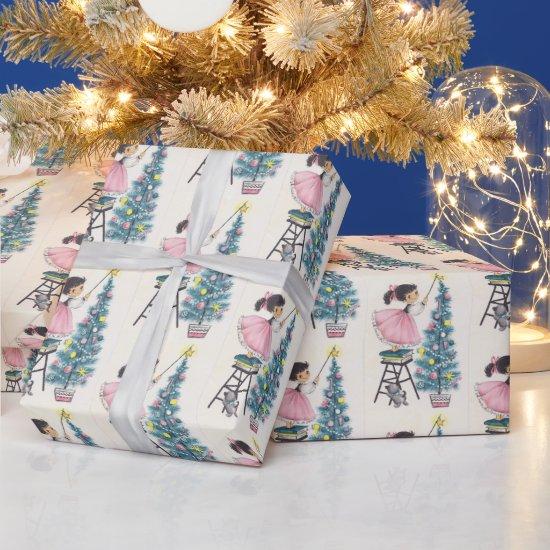 Vintage Christmas Girl Putting Star On Tree