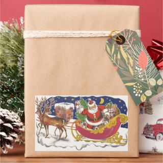 Vintage Christmas, Jolly Santa Claus with Sleigh Rectangular Sticker