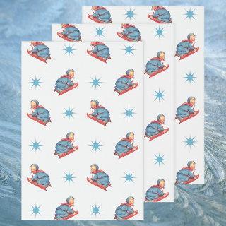 Vintage Christmas Pattern, Child Sledding in Snow  Sheets