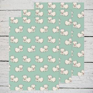 Vintage Christmas Pattern with Baby Lamb on Green  Sheets