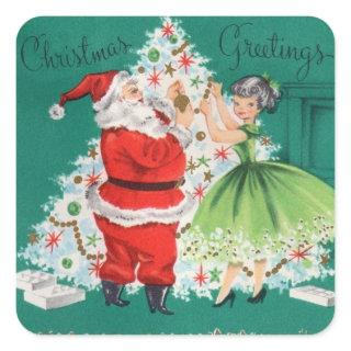Vintage Christmas Santa and Girl Decorating Tree Square Sticker