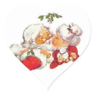 Vintage Christmas Santa Kissing Mrs Claus Heart Sticker