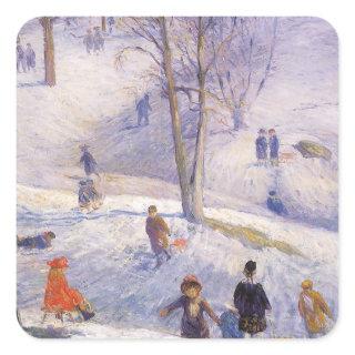 Vintage Christmas, Sledding, Central Park Glackens Square Sticker