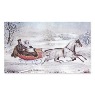 Vintage Christmas, The Road Winter, Sleigh Horse Rectangular Sticker