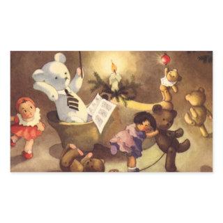Vintage Christmas Toys, Dancing Dolls, Teddy Bears Rectangular Sticker