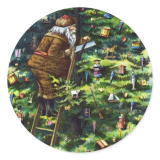 Vintage Christmas, Victorian Santa Claus with Tree Classic Round Sticker
