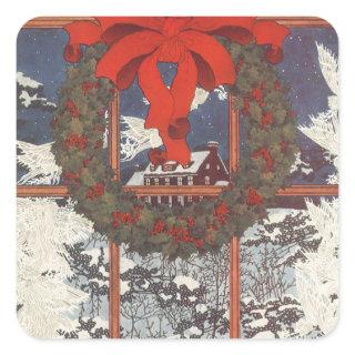 Vintage Christmas Wreath in a Window with Snow Square Sticker