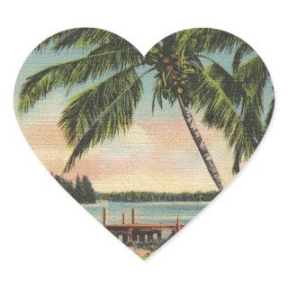 Vintage Coconut Palms Tropical Breeze Sunset Heart Sticker