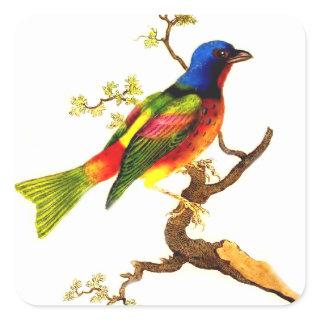 Vintage Colorful Bird on Branch Design Square Sticker