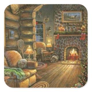 Vintage Country Christmas Cabin Square Sticker