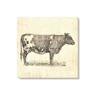 Vintage Cow Art Illustration w/ Script Background Canvas Print