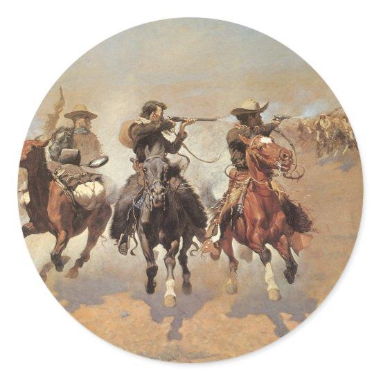 Vintage Cowboys, A Dash For Timber by Remington Classic Round Sticker