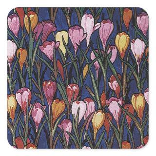 Vintage Crocus Flowers in a Garden, Floral Pattern Square Sticker