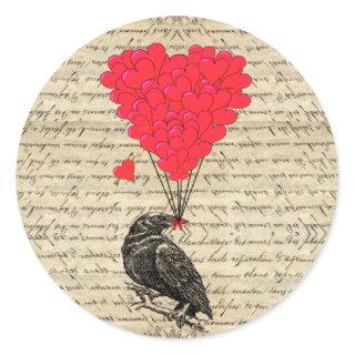 Vintage Crow and heart shaped balloons Classic Round Sticker