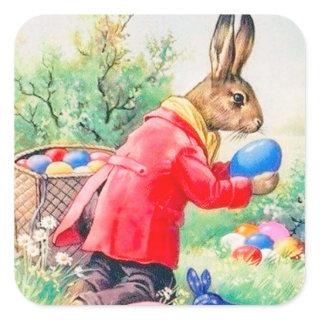 Vintage Cute Bunny and Colorful Easter Eggs Square Sticker