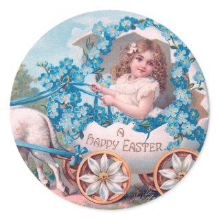Vintage Cute Girl in Easter Egg Carriage by Lambs Classic Round Sticker