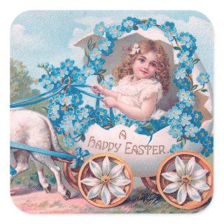 Vintage Cute Girl in Easter Egg Carriage by Lambs Square Sticker