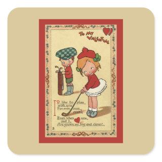 Vintage Cute Valentine's Day, Children Sports Golf Square Sticker