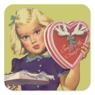 Vintage Cute Valentine's Day, Girl with Chocolates Square Sticker
