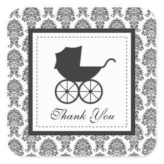 Vintage Damask Baby Carriage Baby Shower Square Sticker