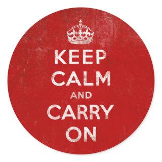 Vintage Deep Red Distressed Keep Calm and Carry On Classic Round Sticker
