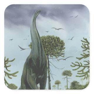 Vintage Dinosaurs, Sauroposeidon with Birds Flying Square Sticker