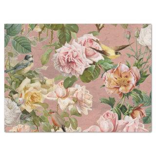 Vintage Dusty Pink Yellow Roses Botanical Birds Tissue Paper
