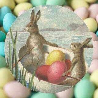 Vintage Easter Bunnies in a Boat with Easter Eggs Classic Round Sticker