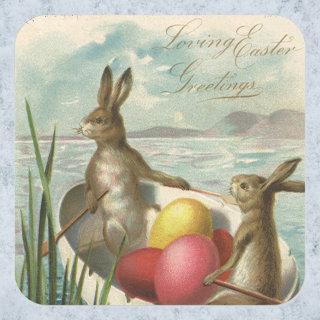 Vintage Easter Bunnies in a Boat with Easter Eggs Square Sticker