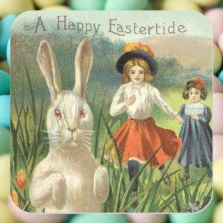 Vintage Easter Bunny and Children Happy Eastertide Square Sticker