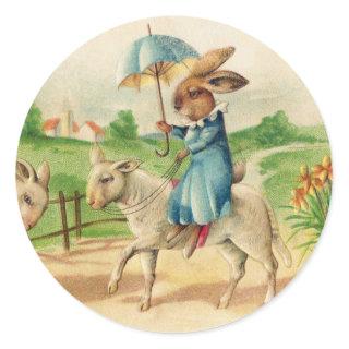 Vintage Easter Bunny Rabbit Riding Lambs Greetings Classic Round Sticker