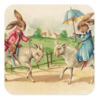 Vintage Easter Bunny Rabbit Riding Lambs Greetings Square Sticker