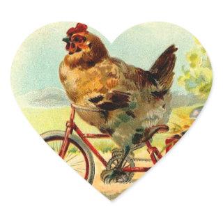 Vintage Easter Chicken on a Bicycle Heart Sticker
