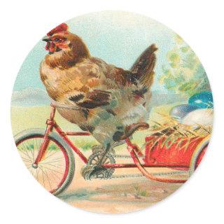 Vintage Easter Chicken Riding a Bicycle Easter Egg Classic Round Sticker