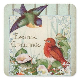 Vintage Easter Greetings Birds Nest Rustic Fence Square Sticker