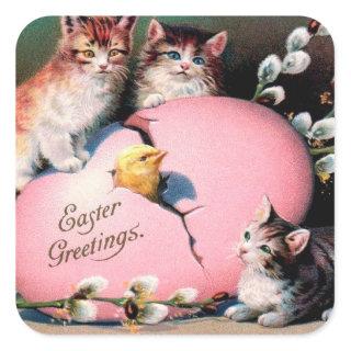Vintage Easter Greetings Cats Chick and Easter Egg Square Sticker