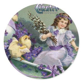 Vintage Easter Greetings Girl Egg Chick Carriage Classic Round Sticker