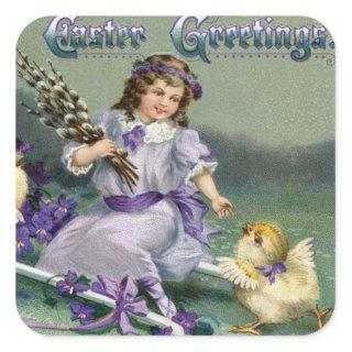 Vintage Easter Greetings Girl Egg Chick Carriage Square Sticker