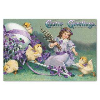Vintage Easter Greetings Girl Egg Chick Carriage Tissue Paper