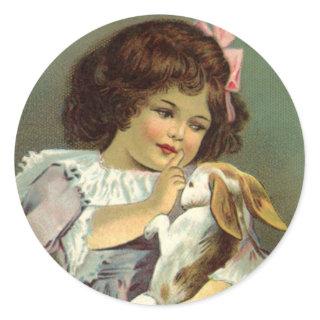 Vintage Easter, Victorian Girl Bunny Rabbit Eggs Classic Round Sticker