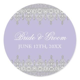 Vintage Elegant White Lace Lavender Wedding Favor Classic Round Sticker