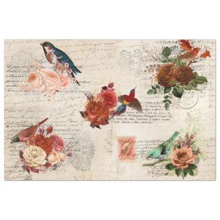 Vintage Ephemera Bird Fall Flower Script Decoupage Tissue Paper