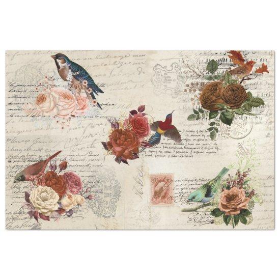 Vintage Ephemera Bird Fall Flower Script Decoupage Tissue Paper