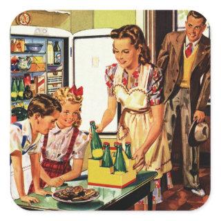 Vintage Family in the Kitchen Mom Dad Kids Snack Square Sticker