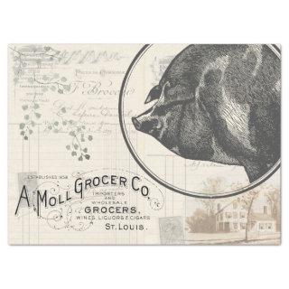 Vintage Farmhouse Pig Grocery Decoupage Paper
