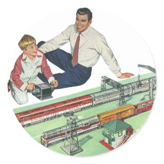 Vintage Father's Day, Dad and Son with Trains Classic Round Sticker