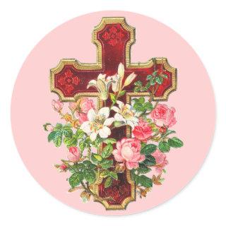 Vintage Floral Cross Classic Round Sticker