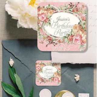 Vintage Floral Rose Elegant Blush Birthday Party Classic Round Sticker