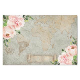 Vintage French Floral Rose Old World Map Decoupage Tissue Paper