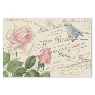 Vintage French Pink Rose Blue Bird Bee Collage Tissue Paper